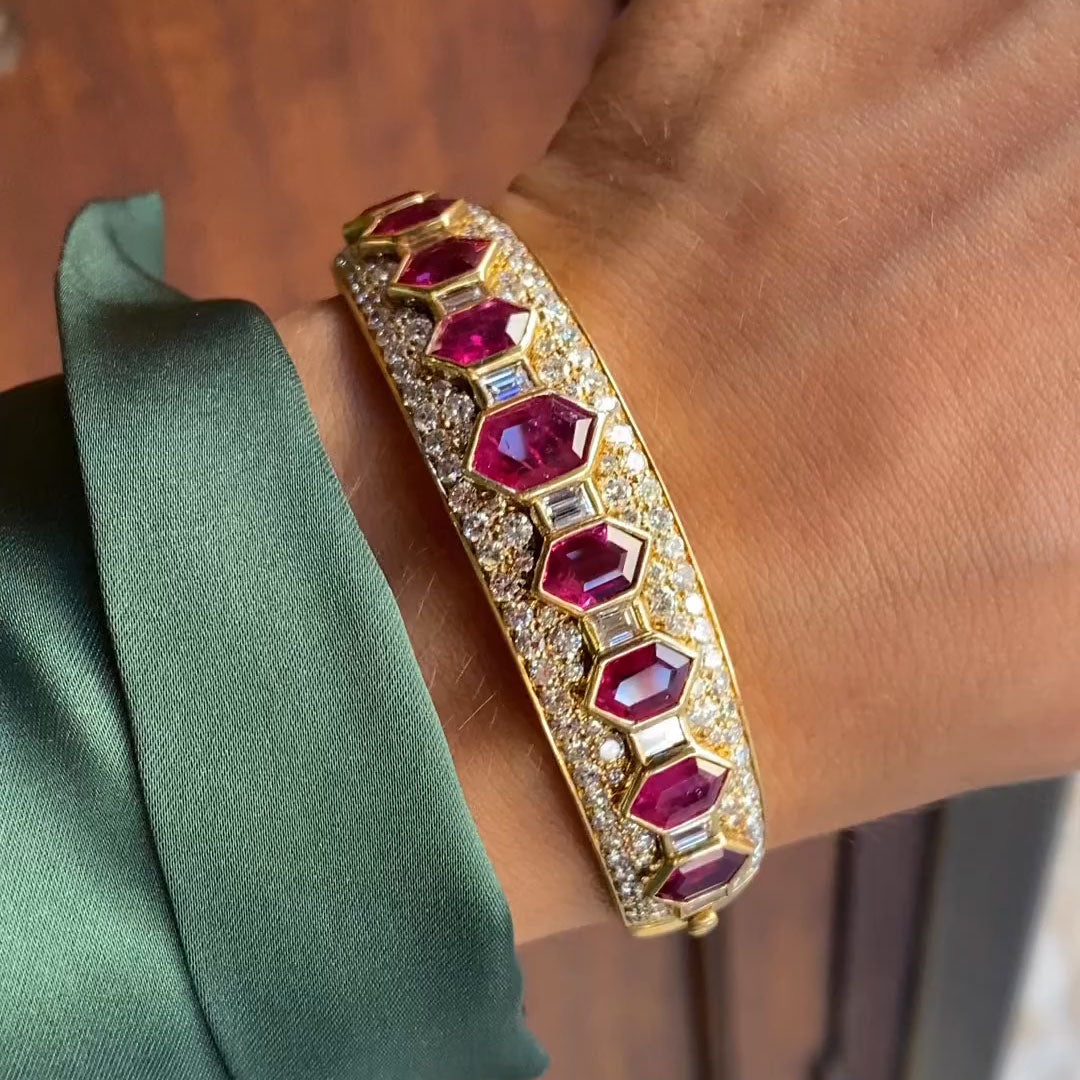30.7 ctw Ruby Bracelet with Elongated Hexagonal-Cut Geometric Motifs