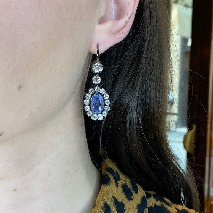 10 ctw Oval-Cut Ceylon Sapphire Vintage-Style Pendant Earrings