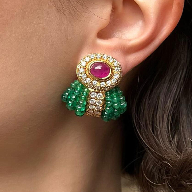 Cabochon Ruby and Emerald Beaded Earrings