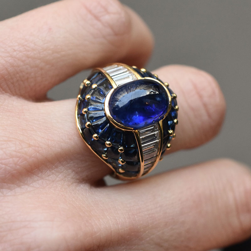 8-carat cabochon-cut blue sapphire pavé-set ring