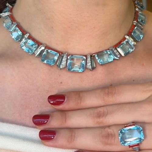 13-Carat Emerald-Cut Aquamarine Ring and Necklace Set in a Modern Art Style
