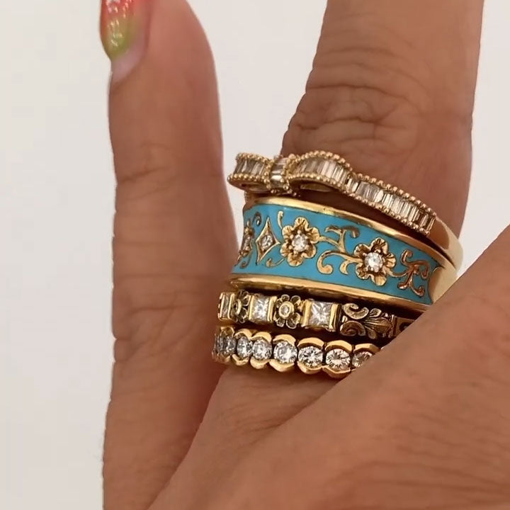 Sky-blue vintage-style enamel and sapphire stacking ring