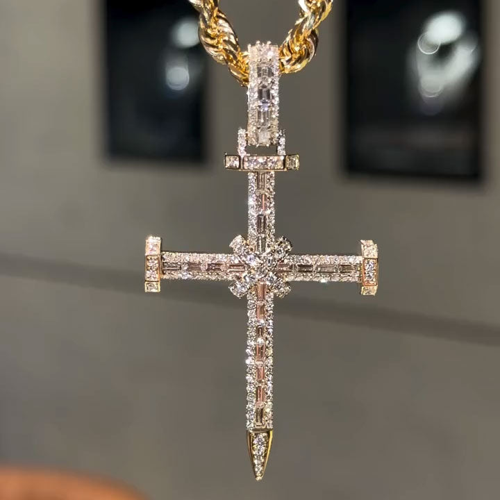 Baguette-cut sapphire cross pendant necklace