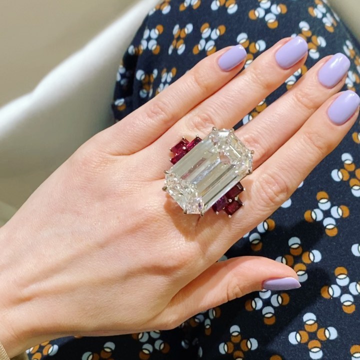 28ct Large Emerald-Cut White Sapphire and Ruby Engagement Ring