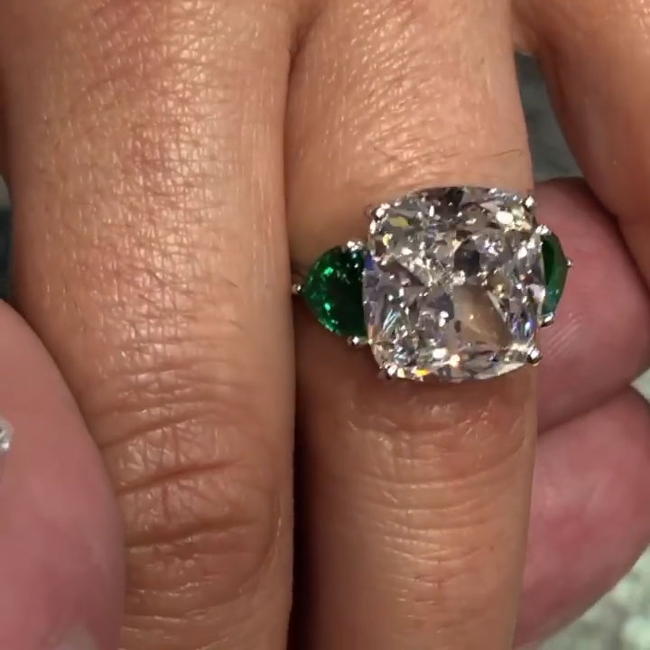 7ct Cushion-Cut Three-Stone Engagement Ring with Emeralds and White Sapphires