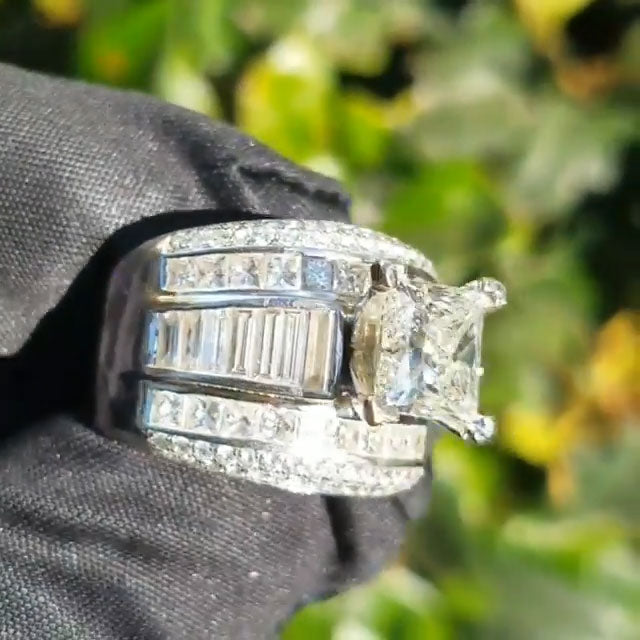 5Ct Princess and Rectangular-Cut "Invisible" Halo Sapphire Engagement Ring