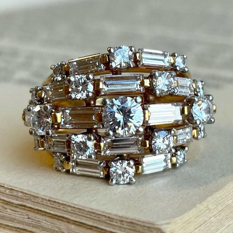 4.3 CTW Baguette & Round Cut White Cubic Zirconia 925 Sterling Silver Vintage Ring
