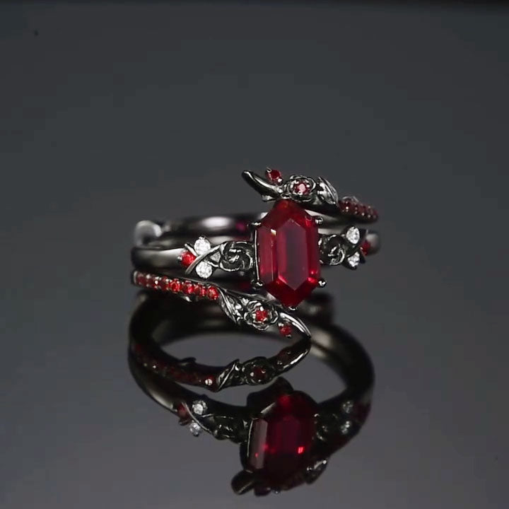 3ctw Elongated Hexagonal Emerald-Cut Ruby Ring in a Gothic Style