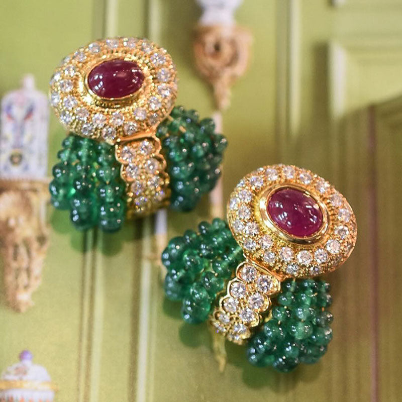 Cabochon Ruby and Emerald Beaded Earrings