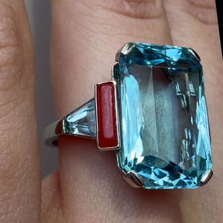 13-Carat Emerald-Cut Aquamarine Ring and Necklace Set in a Modern Art Style