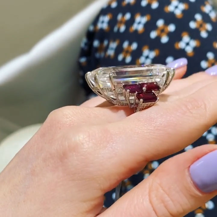28ct Large Emerald-Cut White Sapphire and Ruby Engagement Ring