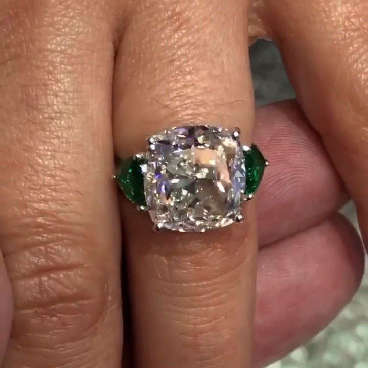 7ct Cushion-Cut Three-Stone Engagement Ring with Emeralds and White Sapphires