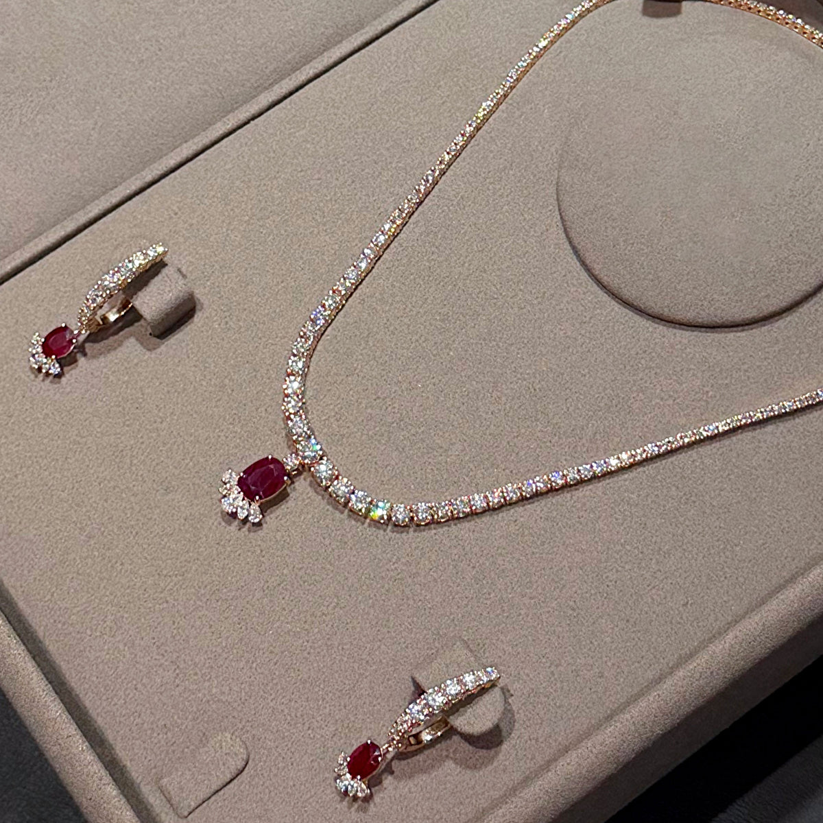 30 ctw Cushion-Cut Ruby and Sapphire Pendant Necklace and Earring Set