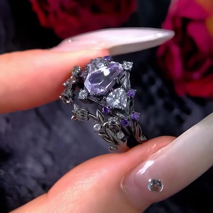 2.8ct Shield-Cut Purple Sapphire Stackable Ring in a Whimsical "Caroline" Style