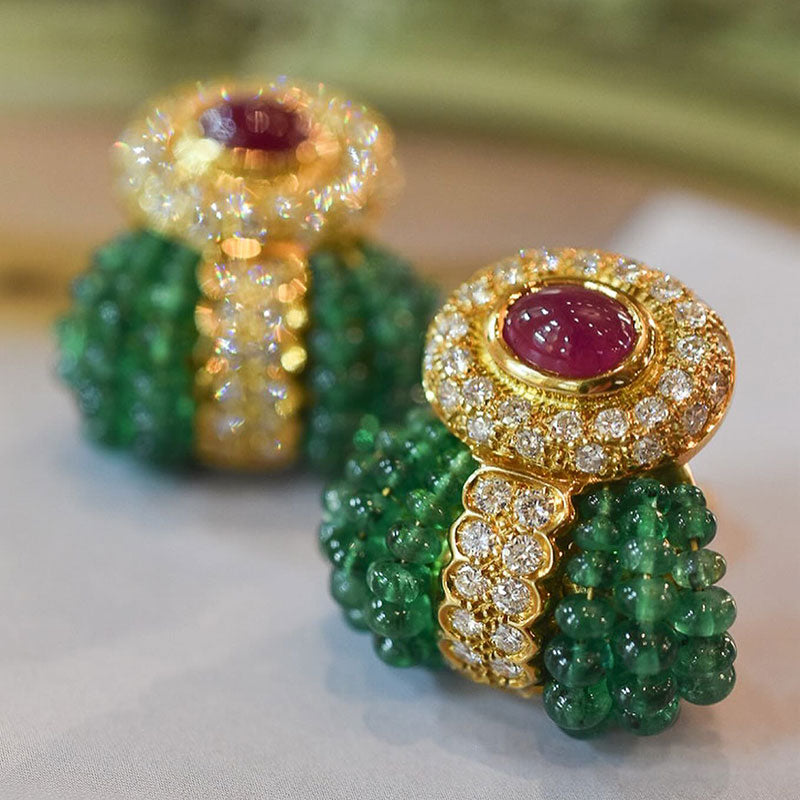 Cabochon Ruby and Emerald Beaded Earrings