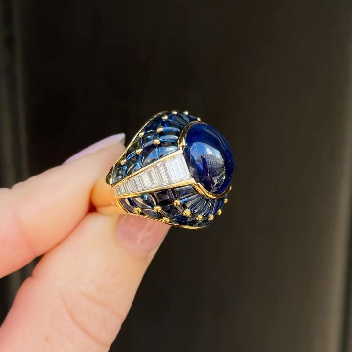 8-carat cabochon-cut blue sapphire pavé-set ring
