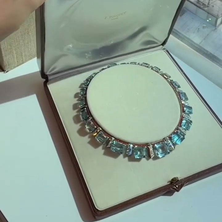 13-Carat Emerald-Cut Aquamarine Ring and Necklace Set in a Modern Art Style