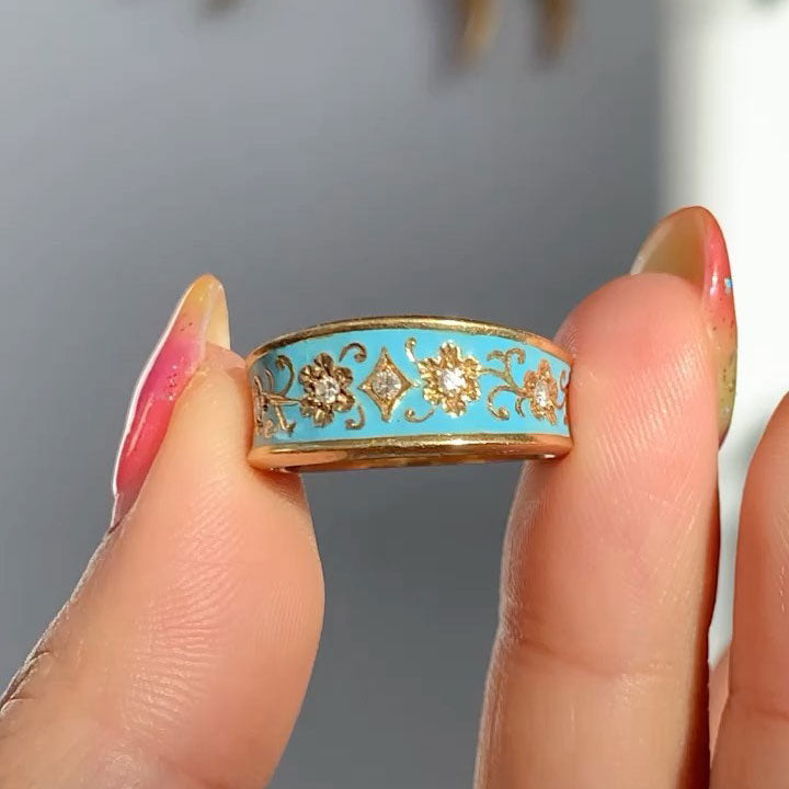 Sky-blue vintage-style enamel and sapphire stacking ring