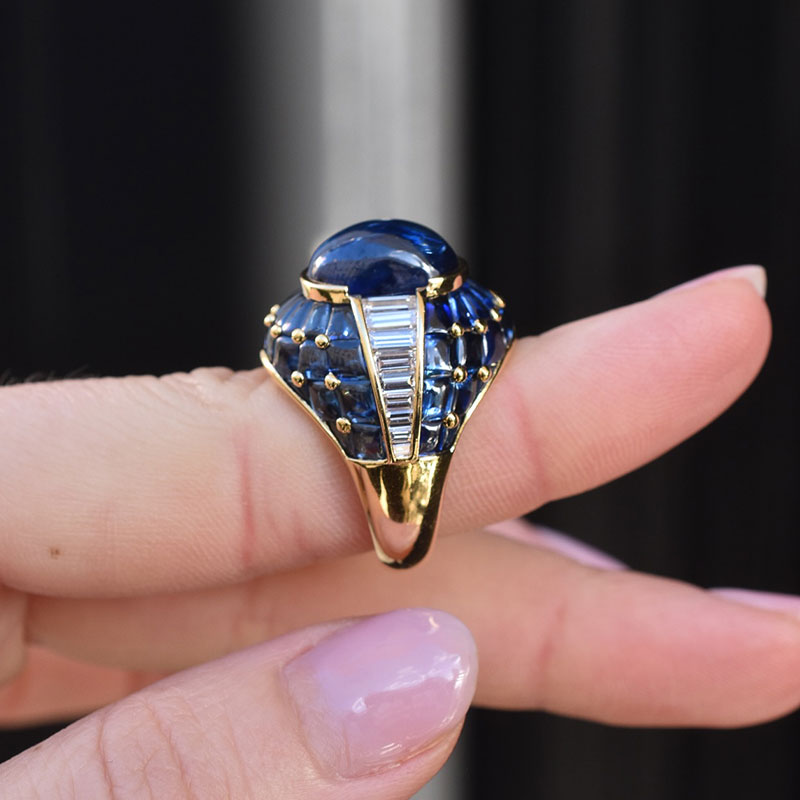8-carat cabochon-cut blue sapphire pavé-set ring