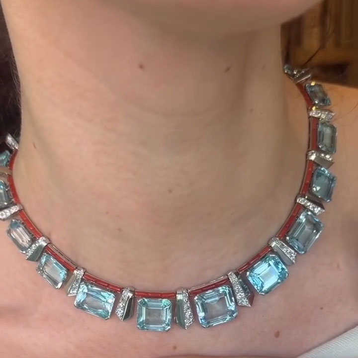 13-Carat Emerald-Cut Aquamarine Ring and Necklace Set in a Modern Art Style