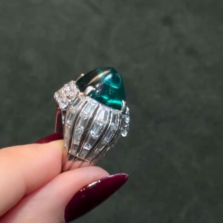 10-Carat Sugarloaf-Cut Deep-Hued Emerald Art Ring