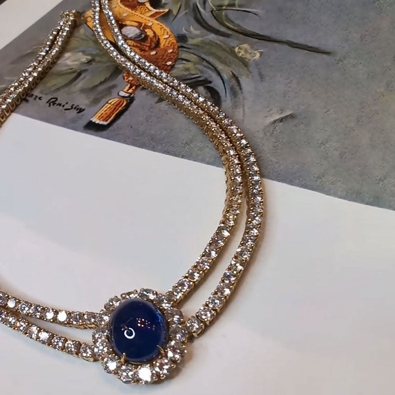 36 ctw Cabochon Blue Sapphire Double-Strand Tennis Necklace