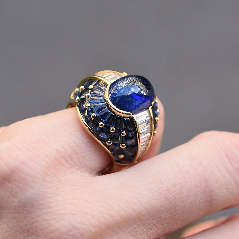 8-carat cabochon-cut blue sapphire pavé-set ring