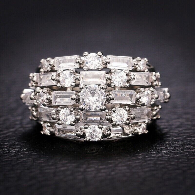 4.3 CTW Baguette & Round Cut White Cubic Zirconia 925 Sterling Silver Vintage Ring