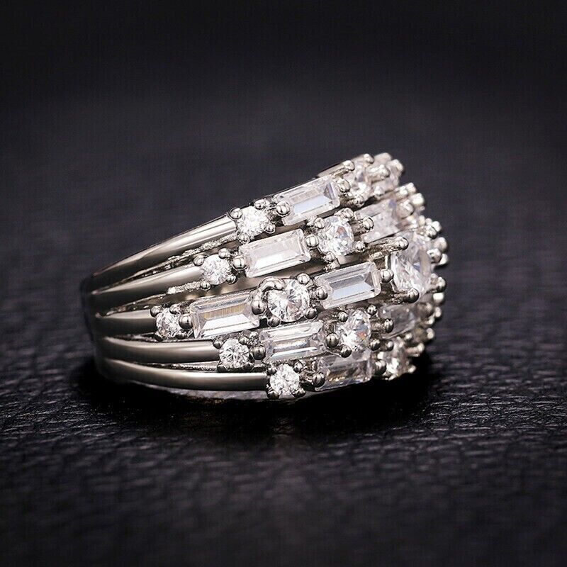 4.3 CTW Baguette & Round Cut White Cubic Zirconia 925 Sterling Silver Vintage Ring