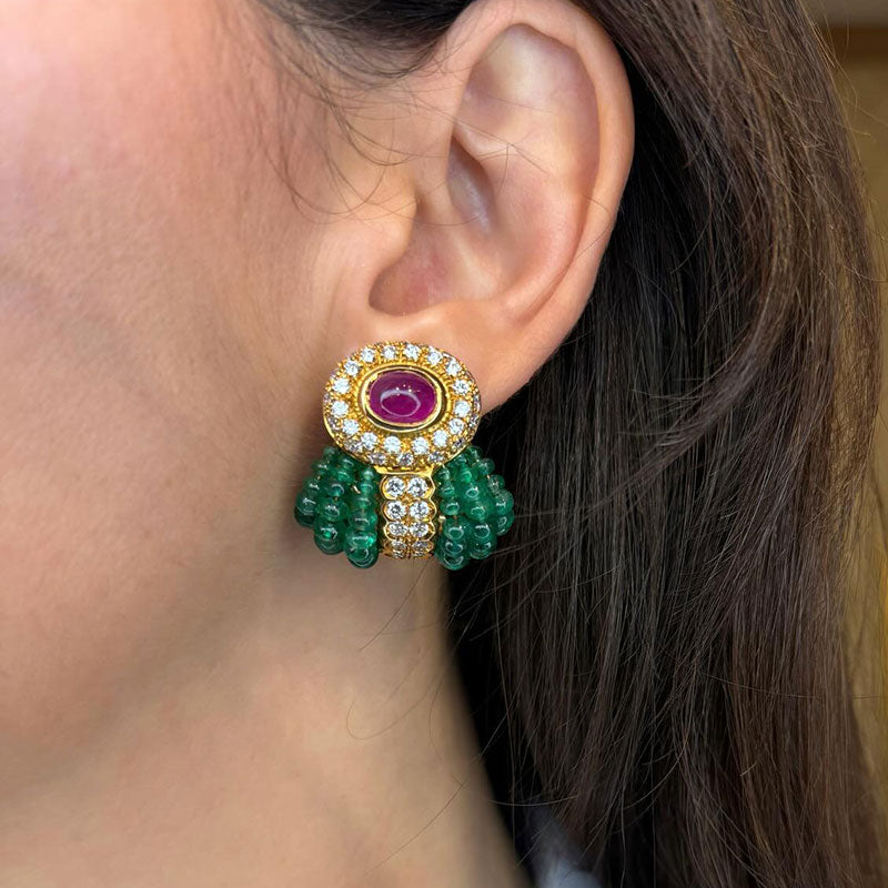 Cabochon Ruby and Emerald Beaded Earrings