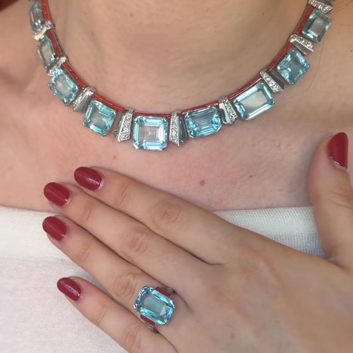 13-Carat Emerald-Cut Aquamarine Ring and Necklace Set in a Modern Art Style