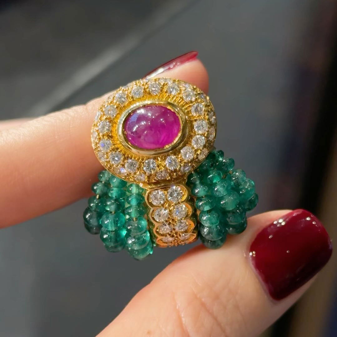 Cabochon Ruby and Emerald Beaded Earrings
