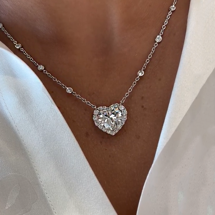 6 CTW Heart Cut White Cubic Zirconia 925 Sterling Silver Vintage Necklace
