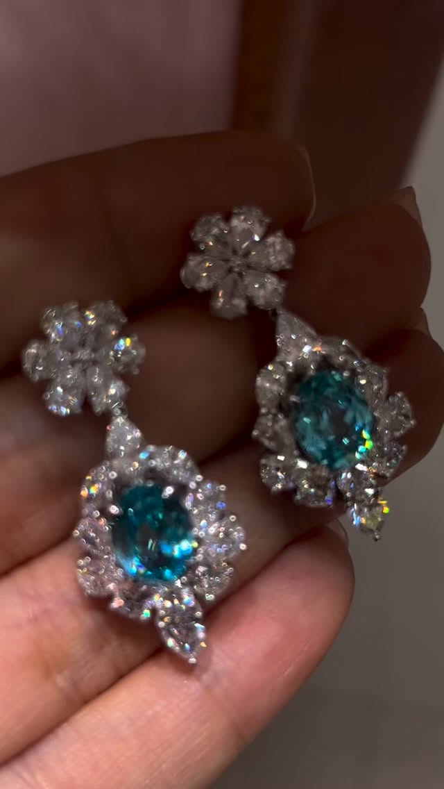 Blue Crystal Flower Drop Earrings