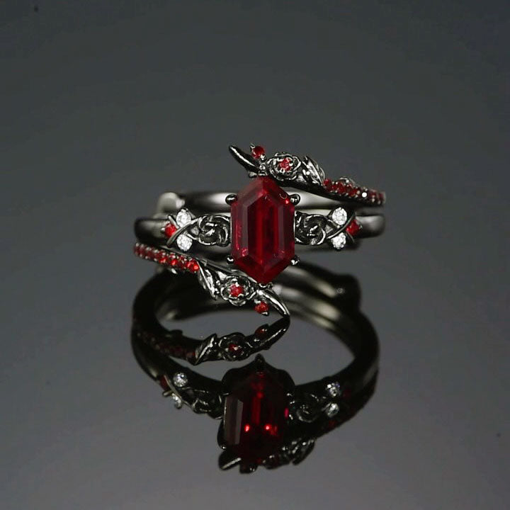 3ctw Elongated Hexagonal Emerald-Cut Ruby Ring in a Gothic Style