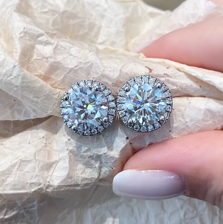 2CT Cubic Zirconia S925 Sterling Silver Halo Stud Earrings
