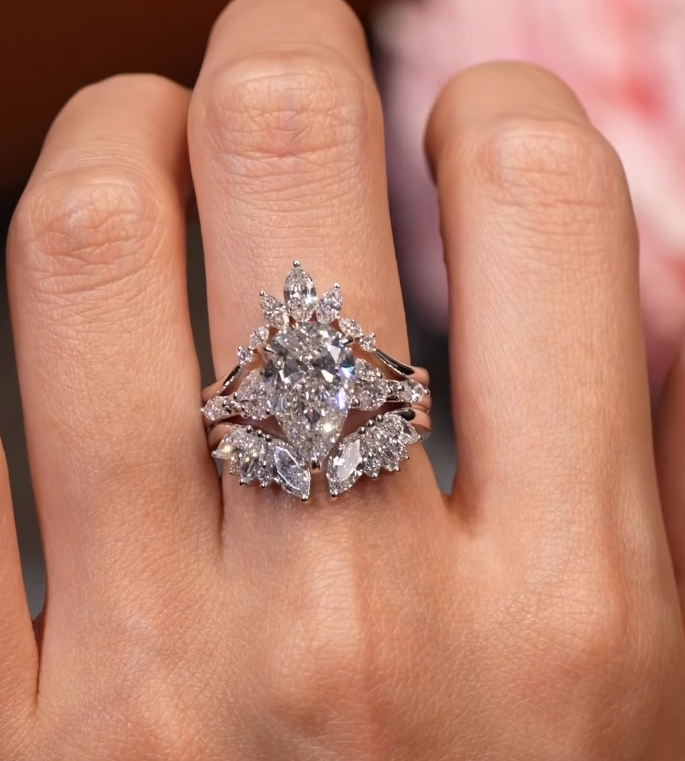2CT Pear Cubic Zirconia S925 Sterling Silver Ring Set