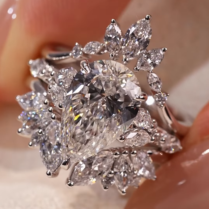 2CT Pear Cubic Zirconia S925 Sterling Silver Ring Set