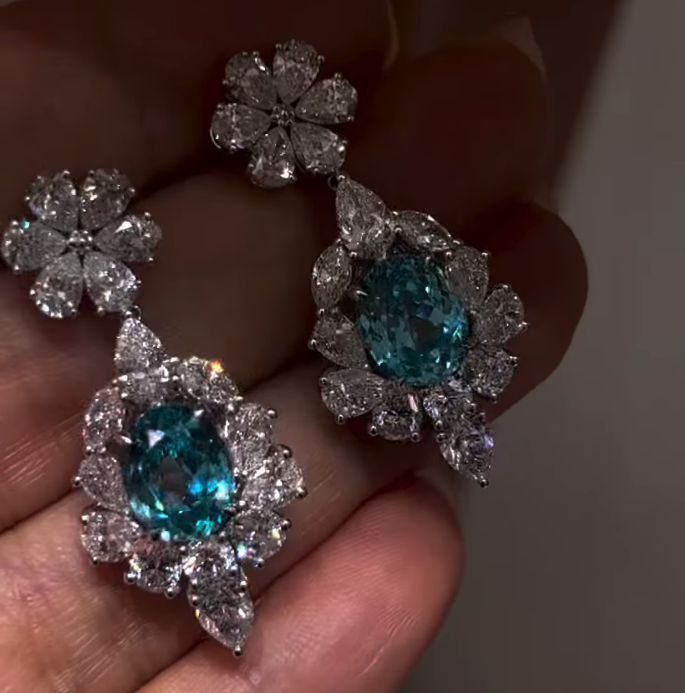 Blue Crystal Flower Drop Earrings