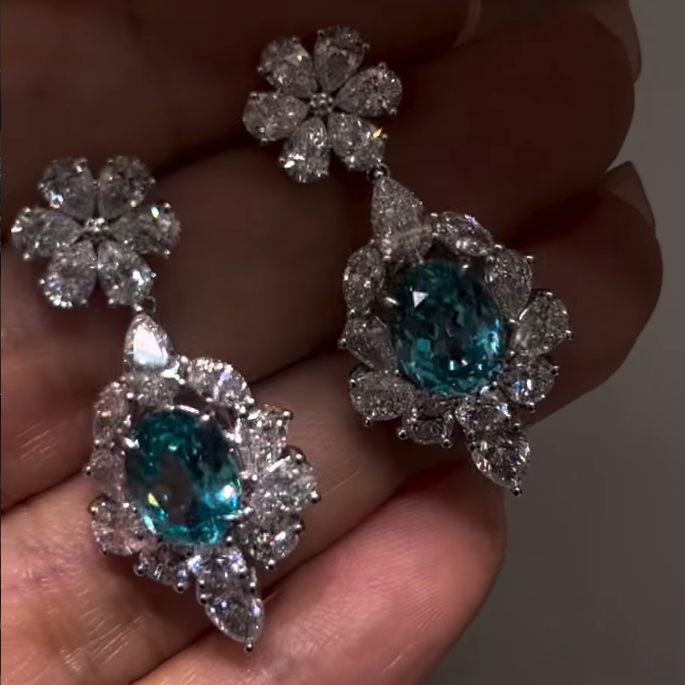 Blue Crystal Flower Drop Earrings