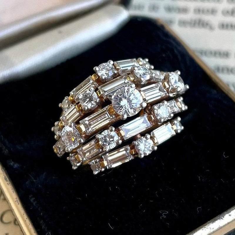 4.3 CTW Baguette & Round Cut White Cubic Zirconia 925 Sterling Silver Vintage Ring