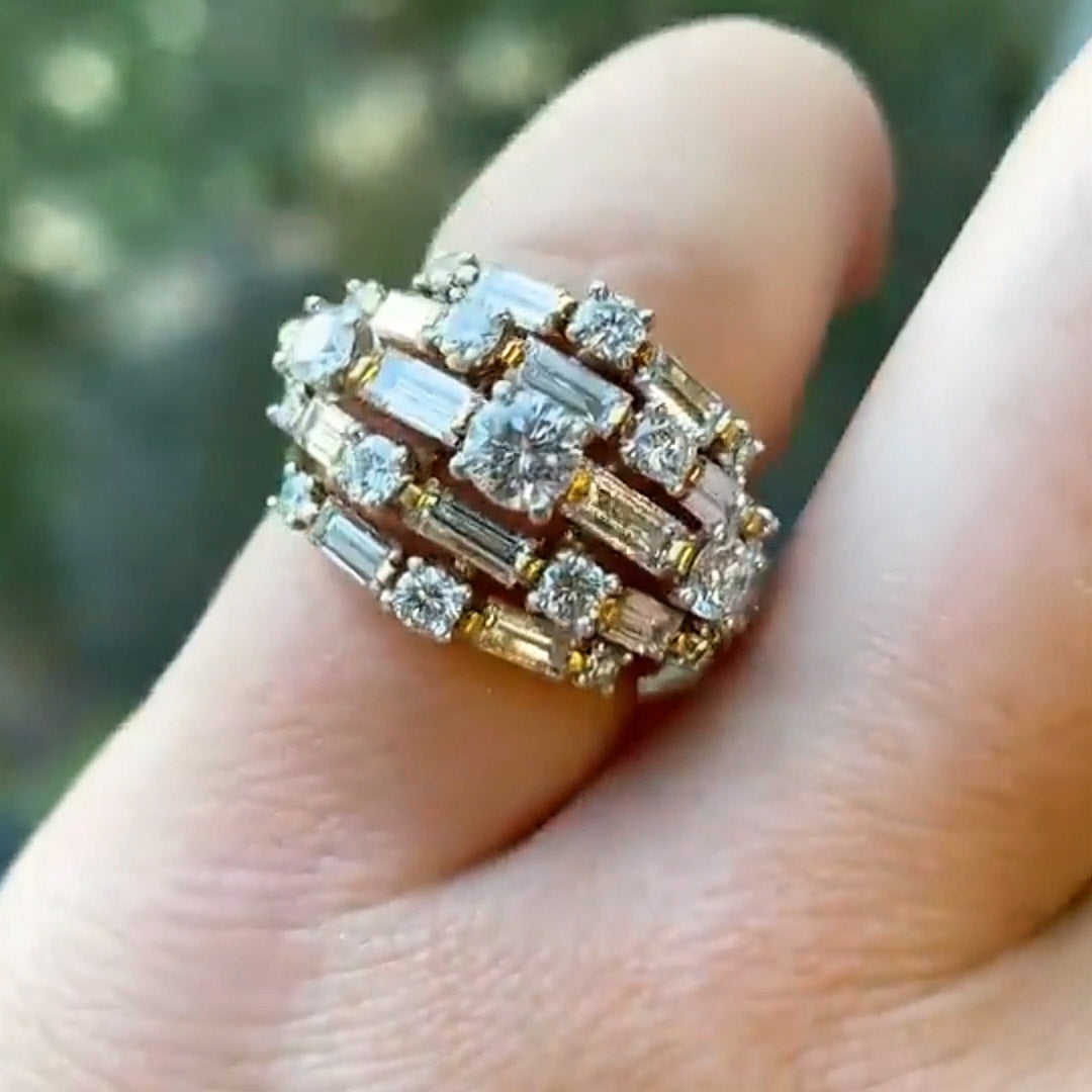 4.3 CTW Baguette & Round Cut White Cubic Zirconia 925 Sterling Silver Vintage Ring