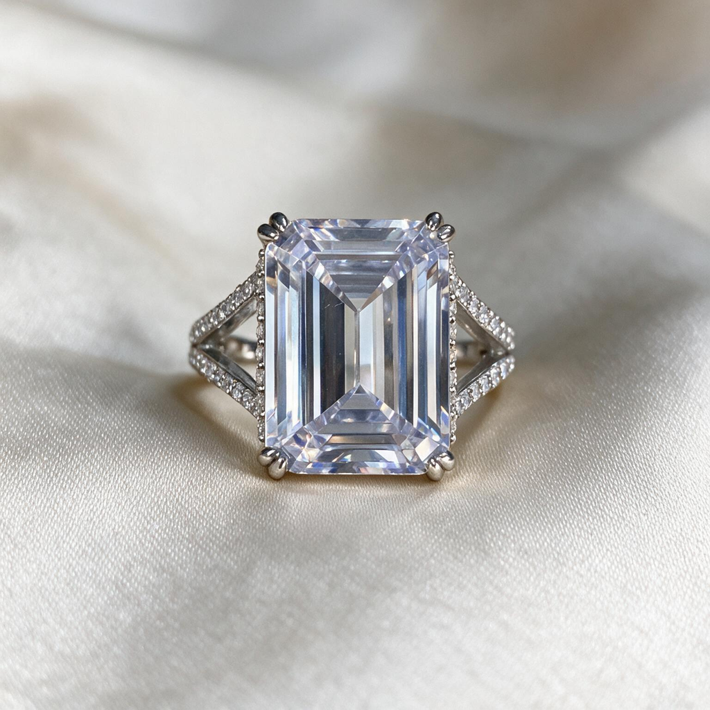 16ct Emerald Cut White Sapphire Paved Engagement Ring