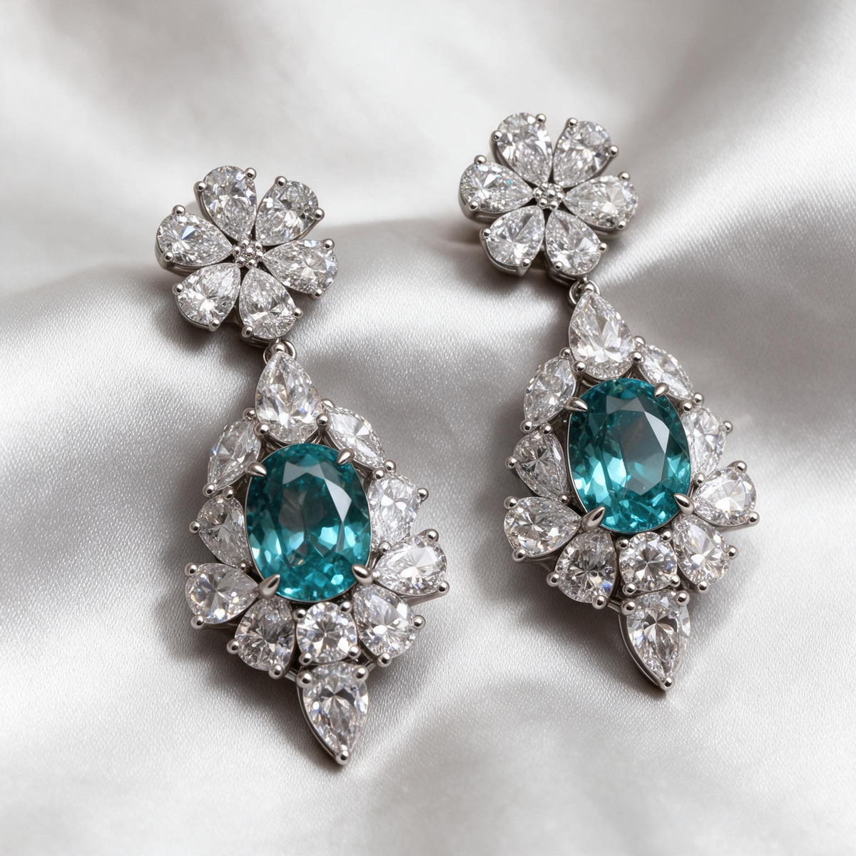 Blue Crystal Flower Drop Earrings