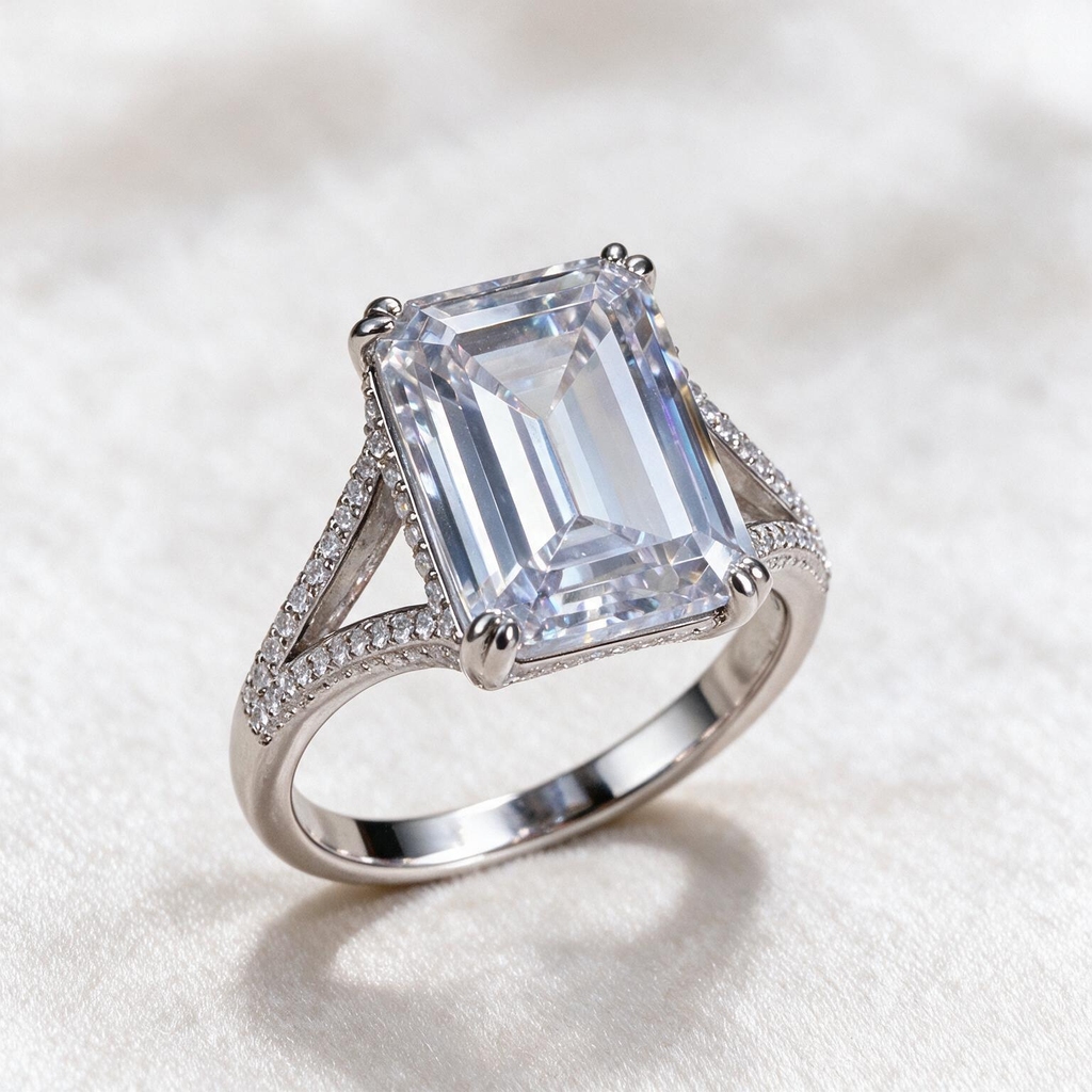 16ct Emerald Cut White Sapphire Paved Engagement Ring
